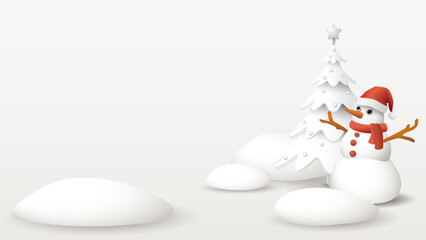 3D cute snowman with decorated white Christmas tree and snowdrift graphic illustration have blank space.
