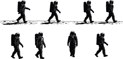 Astronauts walking in space exploration scene, cosmic journey on lunar surface, astronauts in spacesuit illustration, futuristic science, outer space discovery mission © Rafin's World