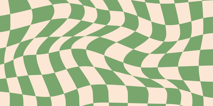 Seamless green checkerboard pattern. Repeating distorted checkered texture. Groovy trippy abstract background. Vintage retro style wallpaper for textile, fabric, wrapping paper. Vector check surface