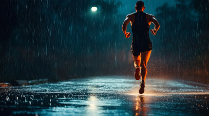 Male runner running while raining at night