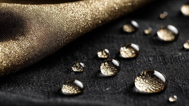 Elegant black fabric glistens with droplets of water reflecting a golden material in a captivating studio shot emphasizing texture and detail.