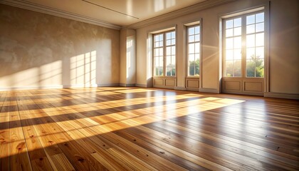 Obraz premium A bright, sunlit interior room showcasing wooden flooring and multiple windows offering a view of lush greenery outdoors. Soft light creates shadows