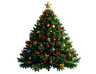 Realistic Christmas tree with decorations isolated on transparent background PNG 