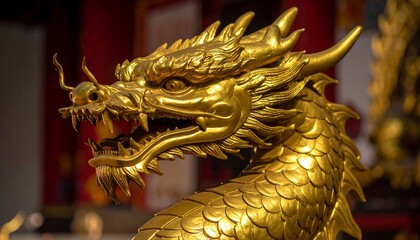 Golden dragon statue head close-up