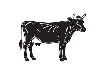 Cow silhouette vector illustration, black farm animal icon isolated on white background.