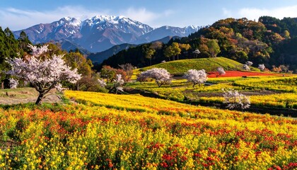 A Springtime Tapestry of Blossoms and Mountains