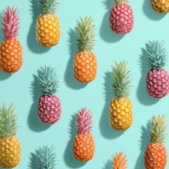 High-resolution photograph of multiple pineapples arranged on a bright blue background in a flat lay composition