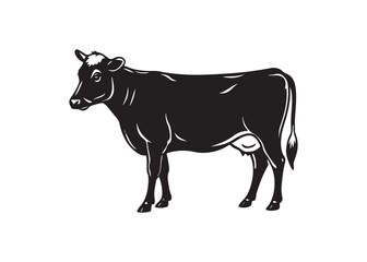 Cow silhouette vector illustration, black farm animal icon isolated on white background.
