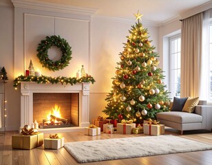Warm and cozy living room scene with a decorated Christmas tree, a roaring fireplace, and gift boxes, perfect for holiday greetings and festive occasions