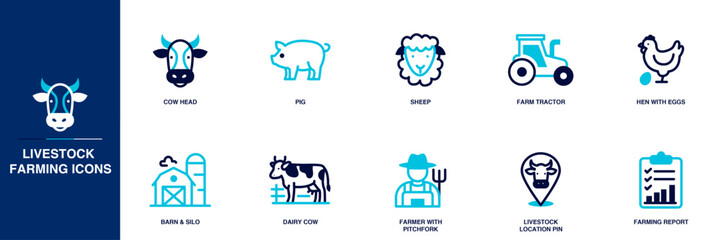 Livestock Farming Blue Colored Outline Icon Set