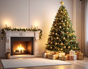 A warm and inviting living room with a glowing Christmas tree beside a cozy fireplace, creating a magical festive ambiance