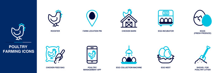 Poultry Farming Blue Colored Outline Icon Set