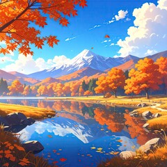 Autumnal lake reflecting mountain peaks