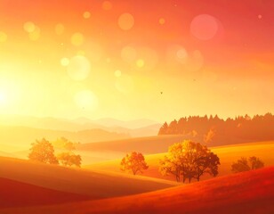Vibrant autumnal landscape bathed in a warm golden glow, with soft bokeh lights dancing above rolling hills and a gradient sky, evoking a serene and dreamlike natural beauty