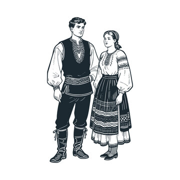 Slovenian couple with traditional costume. Man: dark vest. Woman: blouse and layered folk skirt. Black white hand drawn vector illustration.