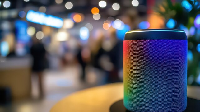 Close up of a colorful smart speaker on a table with a blurred background of people and lights