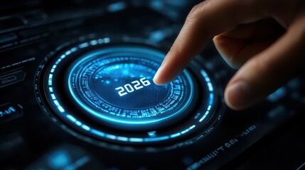 Finger pressing a futuristic glowing button displaying the year twenty twenty six on a dark interface