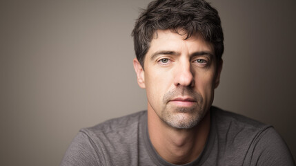 Fototapeta premium Confident Man Half-Body Portrait in Casual Shirt, Neutral Soft Gray Background, DSLR 85mm Lens, f/2.8 Aperture, ISO 200, Natural Skin Tones, Subtle Cinematic Lighting