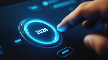 A finger presses a glowing blue button displaying the year twenty twenty six on a dark interface