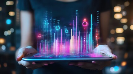 Person holding a tablet displaying a colorful holographic data visualization with bokeh background