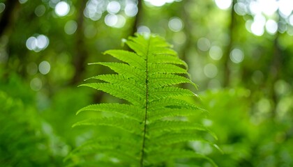 Lush green fern frond in forest setting