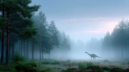 Dinosaur Silhouette in Misty Forest Prehistoric Landscape at Dusk