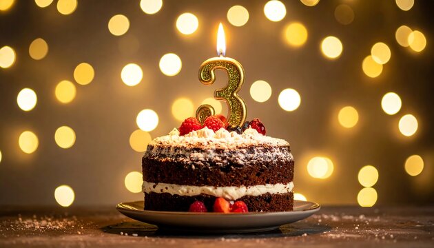 Birthday cake with number three candle and bokeh lights.