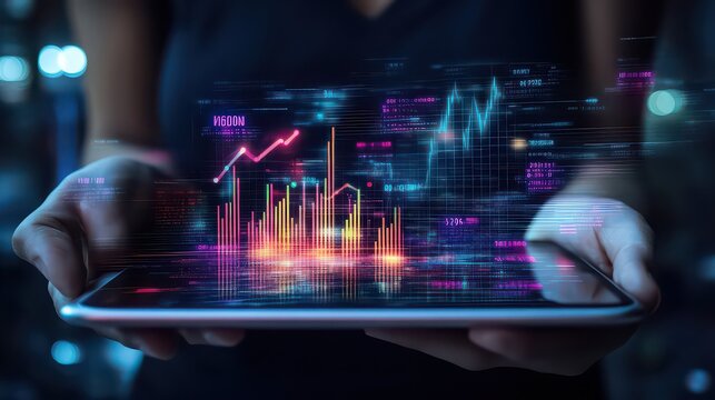 Person holding a tablet displaying financial data and charts with a futuristic interface overlay