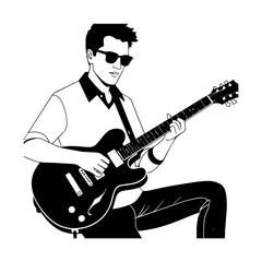 Obraz premium Black and white line art of a cool man playing guitar in casual outfit minimalist stylish illustration