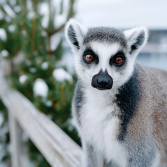 Obraz premium Ring Tailed Lemur Staring Directly into Camera in Snowy Outdoor Setting with Blur Background