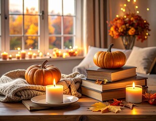 Cozy autumn home interior with burning candles, pumpkins on books, and a warm blanket creating a tranquil fall atmosphere