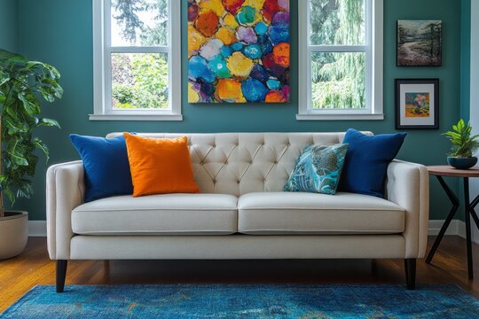A stylish living room boasts a cream sofa with vibrant orange and navy throw pillows, accented by a teal rug and colorful artwork.