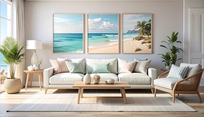 Coastal living room with framed prints