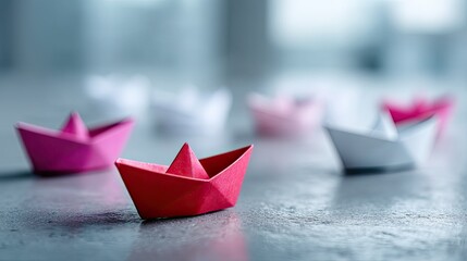 Red Origami Paper Boat Among White Paper Boats on Wet Surface with Blurred Blue Background