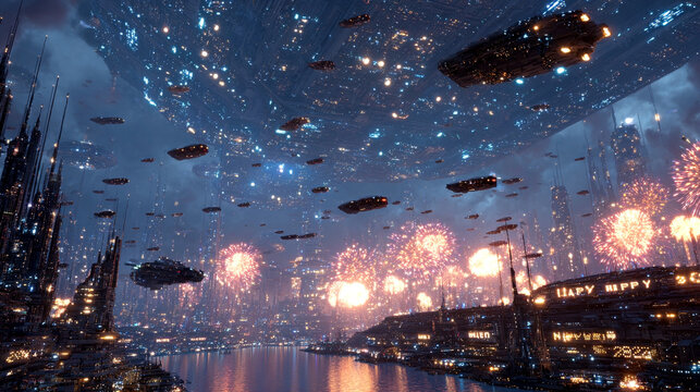 Futuristic Cityscape with Flying Vehicles and Fireworks Display - Powered by Adobe