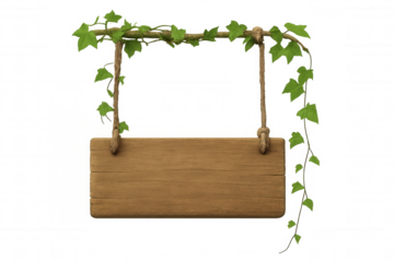 Rustic wooden sign hanging from branches with green ivy, blank board for message, transparent background