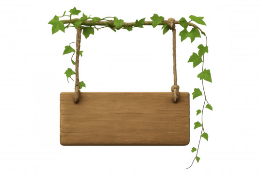 Rustic wooden sign hanging from branches with green ivy, blank board for message, transparent background