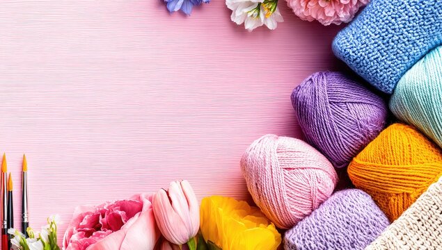 Pastel yarn balls and flowers on a pink wooden background