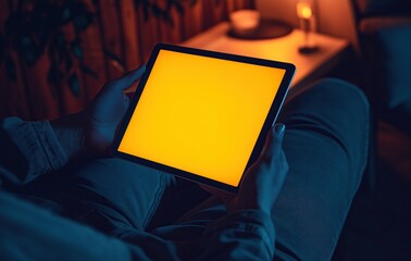 Person holding blank yellow screen tablet sitting on sofa at night closeup view with warm ambient lighting and focused expression enjoying leisure time through technology