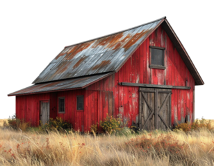 Rustic barnhouse with red wooden exterior isolated on transparent background PNG