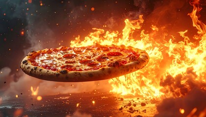 Pizza in fiery flames