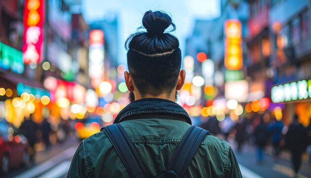 Man with topknot backpack, city night - Powered by Adobe