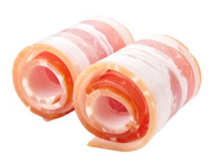 “Rolled Fresh Bacon Pieces, isolated on a transparent background”.