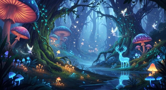 A magical forest at night with glowing mushrooms and fairies. A luminous stag stands by a stream, its light reflecting in the water, creating an enchanted, mystical landscape.