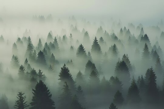 Misty forest canopy with tall pine trees shrouded in fog during the early morning light