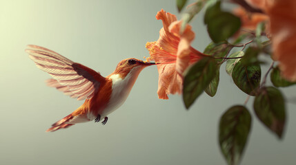 Hummingbird feeding on a vibrant orange hibiscus flower in soft light