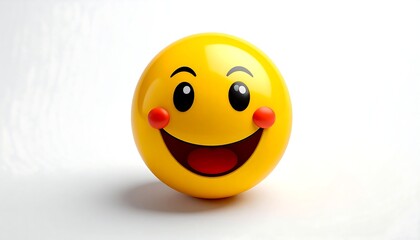 Fototapeta premium A 3D rendering of a cheerful, yellow sphere-shaped emoji with a wide, open smile, red cheeks, and happy eyes, against a clean white background
