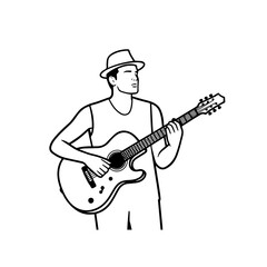 Obraz premium Black and white line art of a cool man playing guitar in casual outfit minimalist stylish illustration