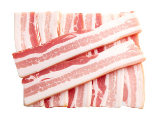 “Slices of Fresh Raw Bacon Strips, isolated on a transparent background”.