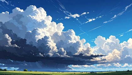 Lush green field under a dramatic, cloudy sky